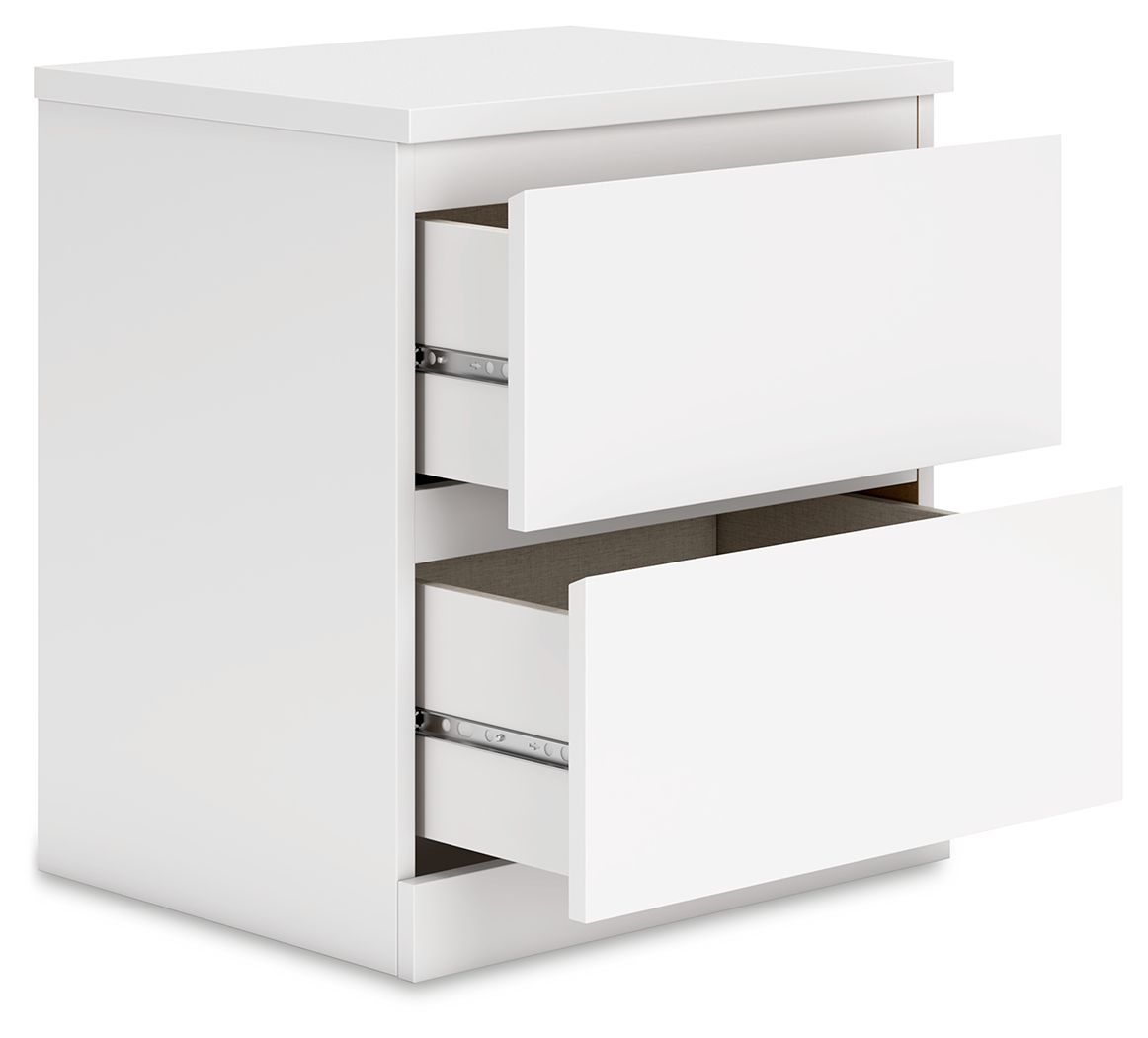 White nightstand with two open drawers showing interior hardware