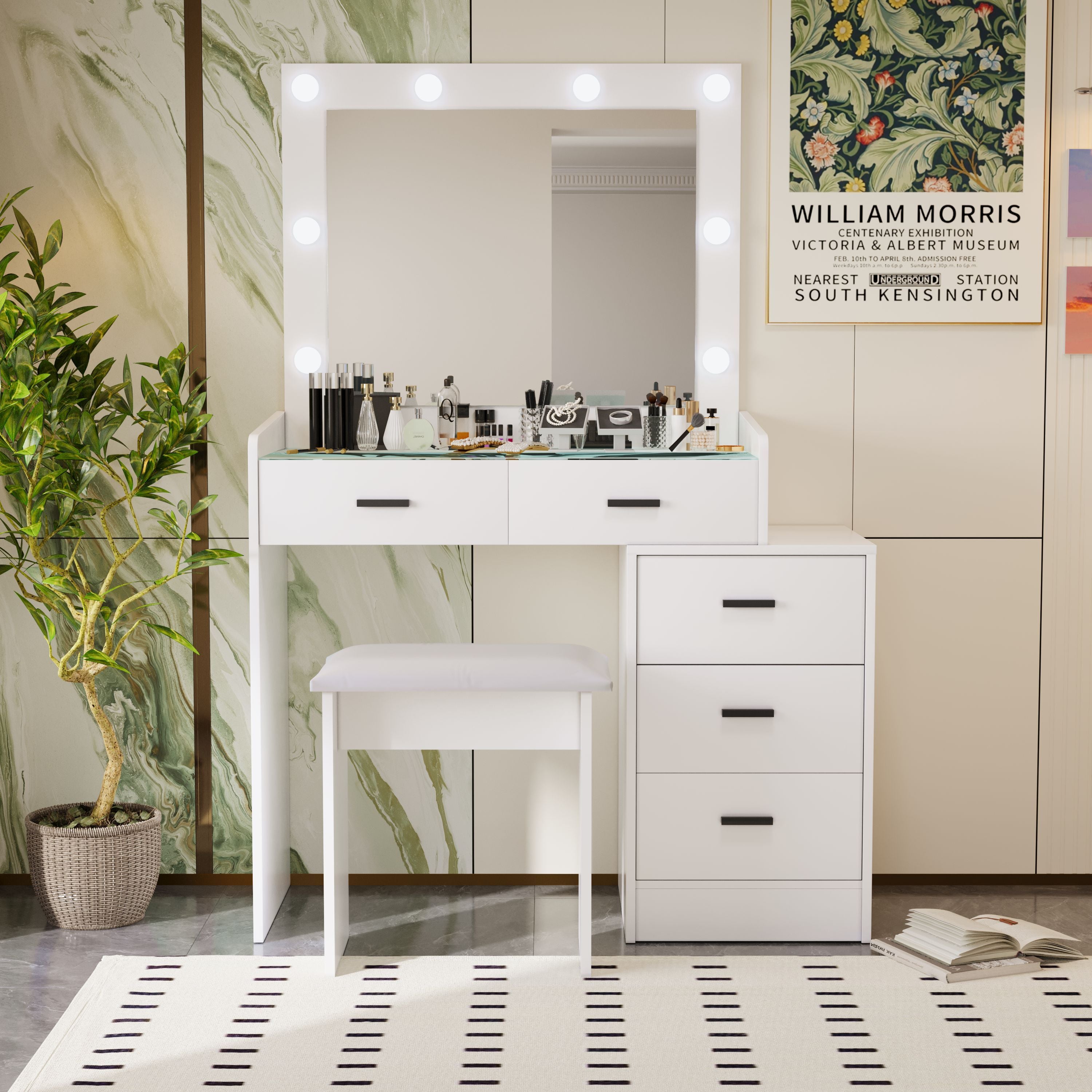 White Adjustable Dressing Table 5-Drawer Vanity Desk