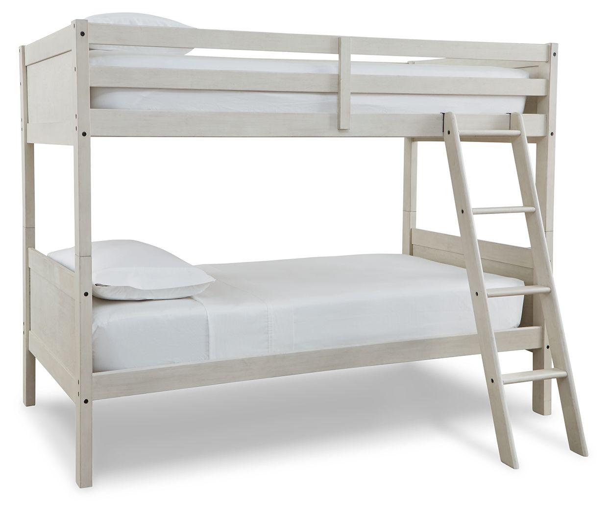 Antique white twin over twin bunk bed with ladder, stacked guardrails