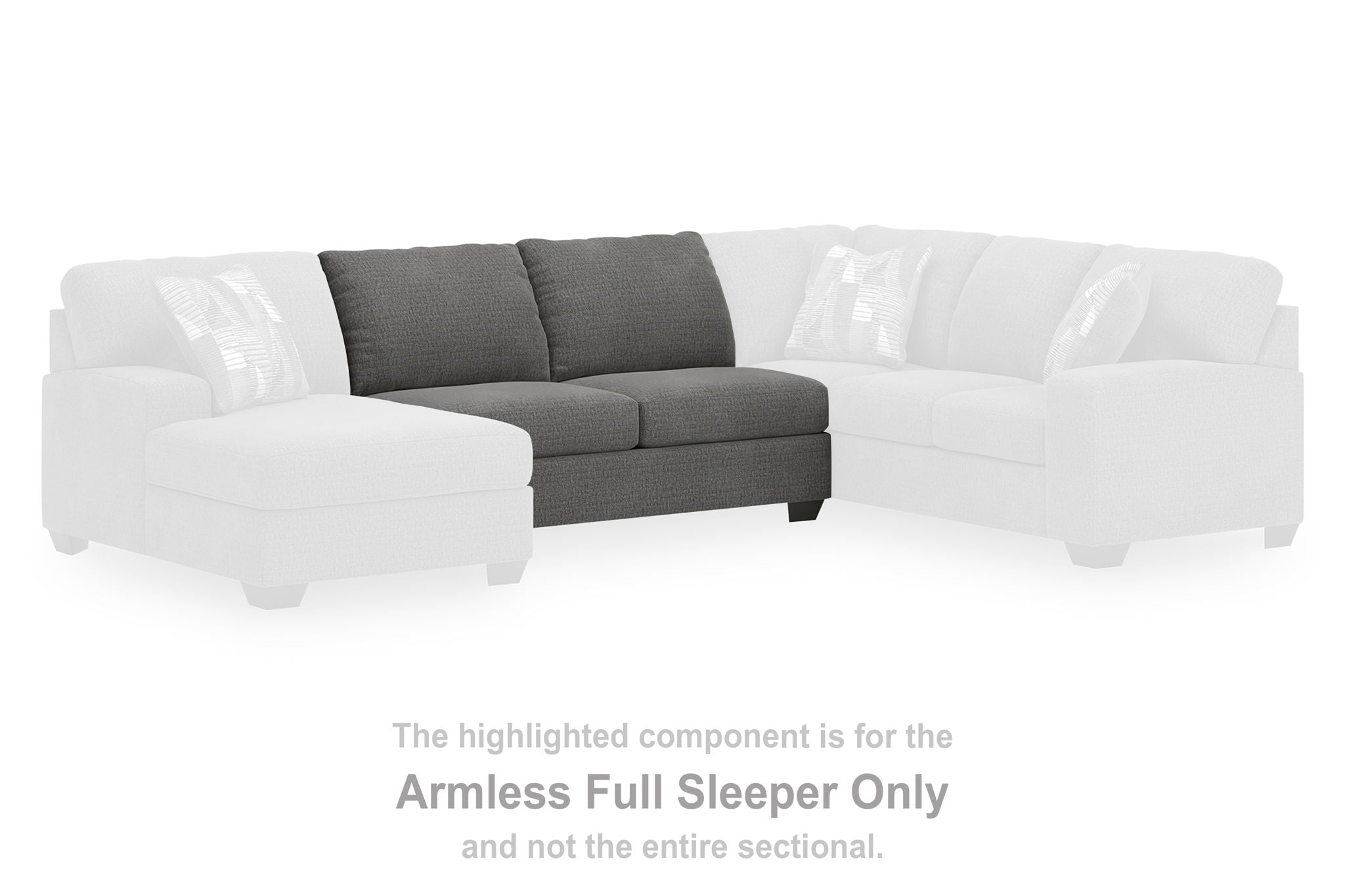 Greystone armless full sleeper sectional piece in gray fabric, two back cushions