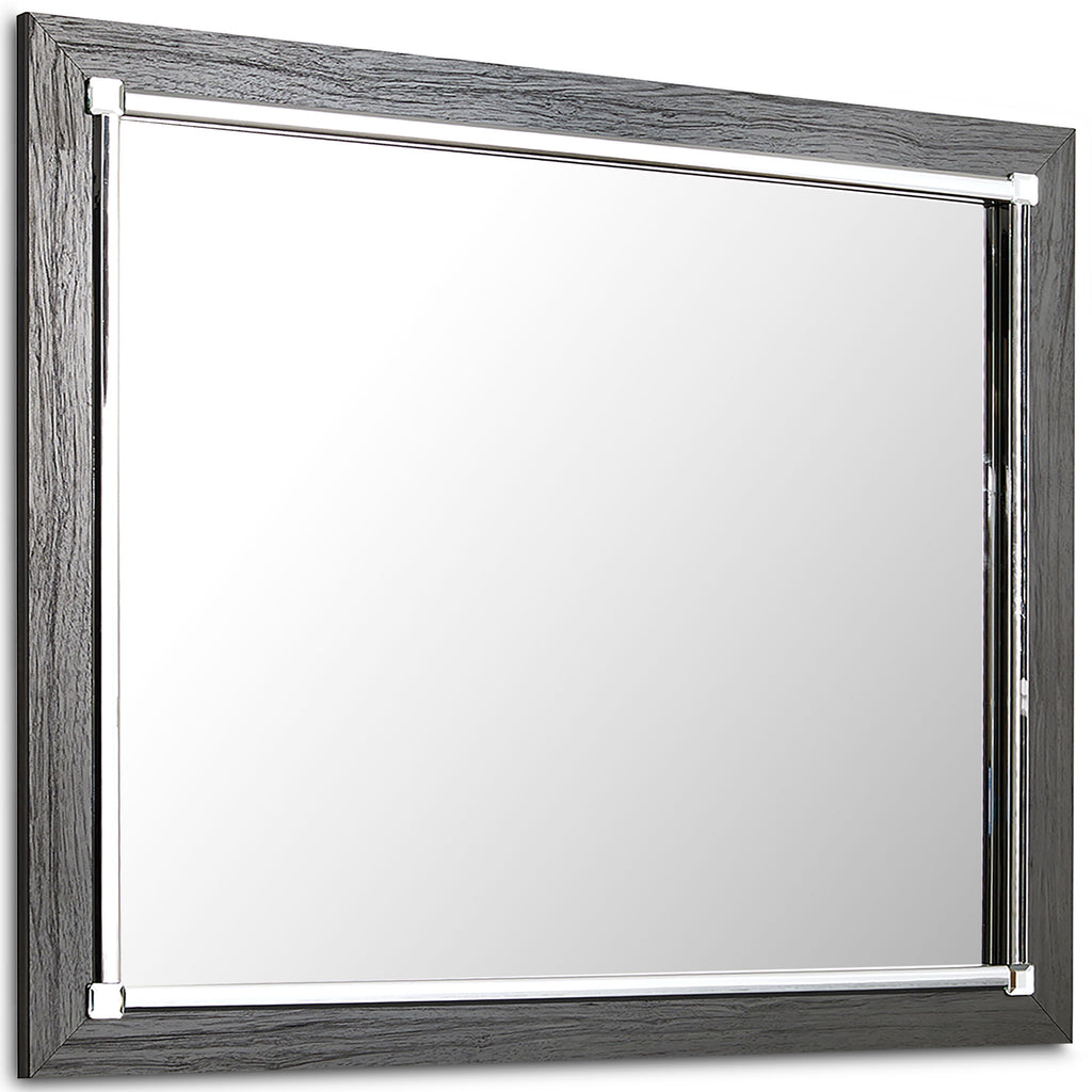 Gray rectangular bedroom mirror with metal corner brackets