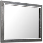Gray rectangular bedroom mirror with metal corner brackets