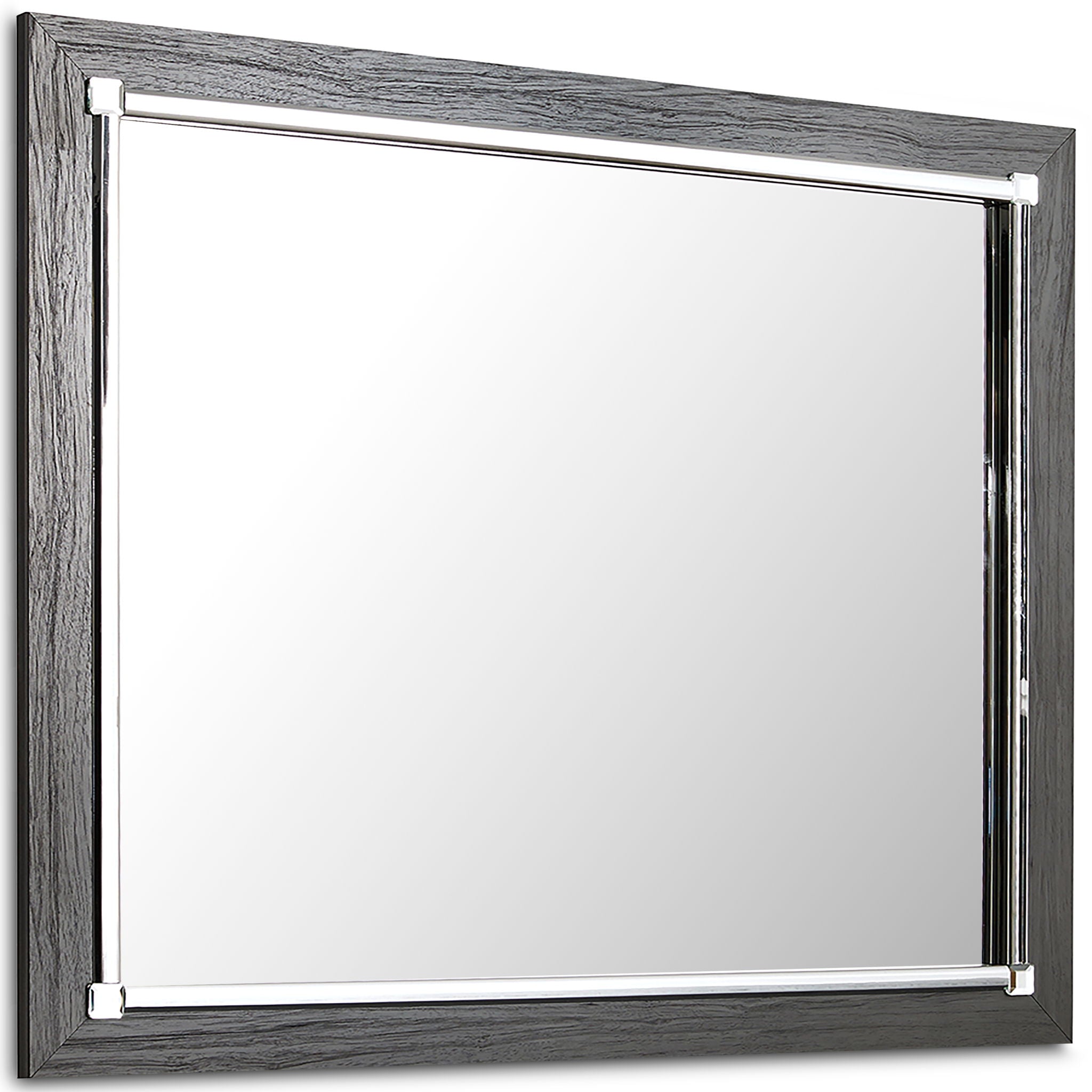 Gray rectangular bedroom mirror with metal corner brackets