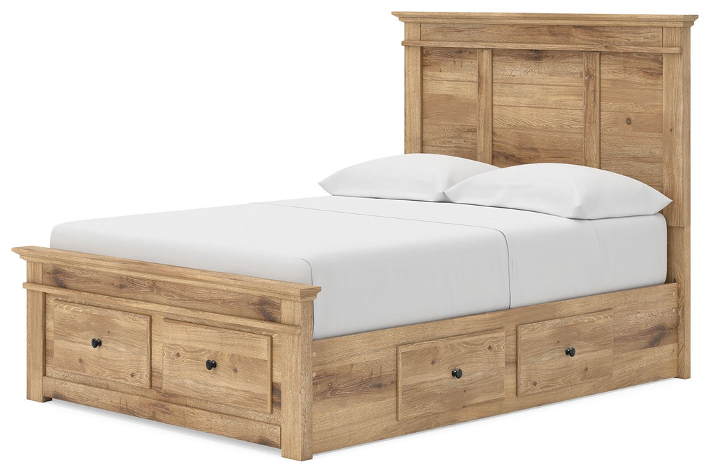 White panel storage bed with slatted base, two front drawers, and paneled headboard