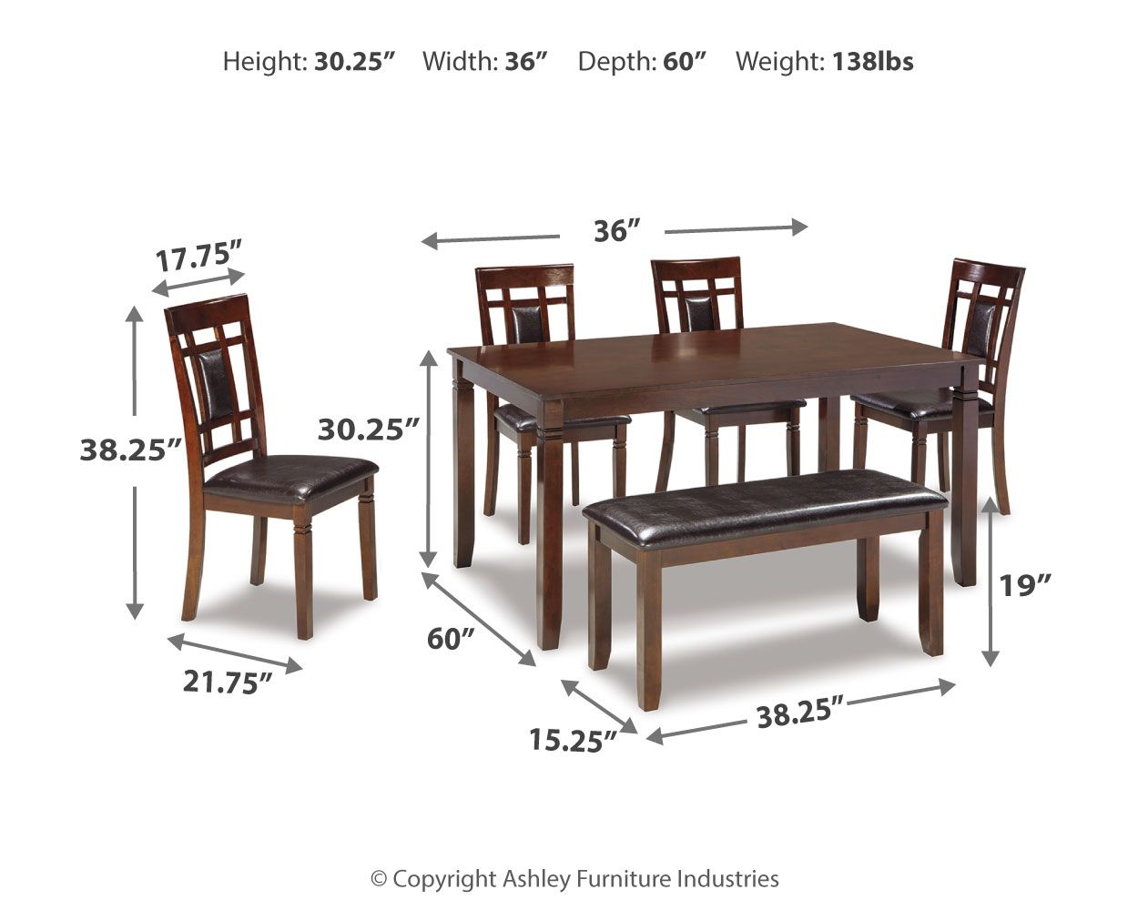 Dining table set layout diagram with table and chairs shown with measurements