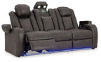 Power reclining sofa with adjustable headrests, dark brown leather-look upholstery