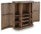 Medium brown bar cabinet with open doors, wine cubbies and shelves