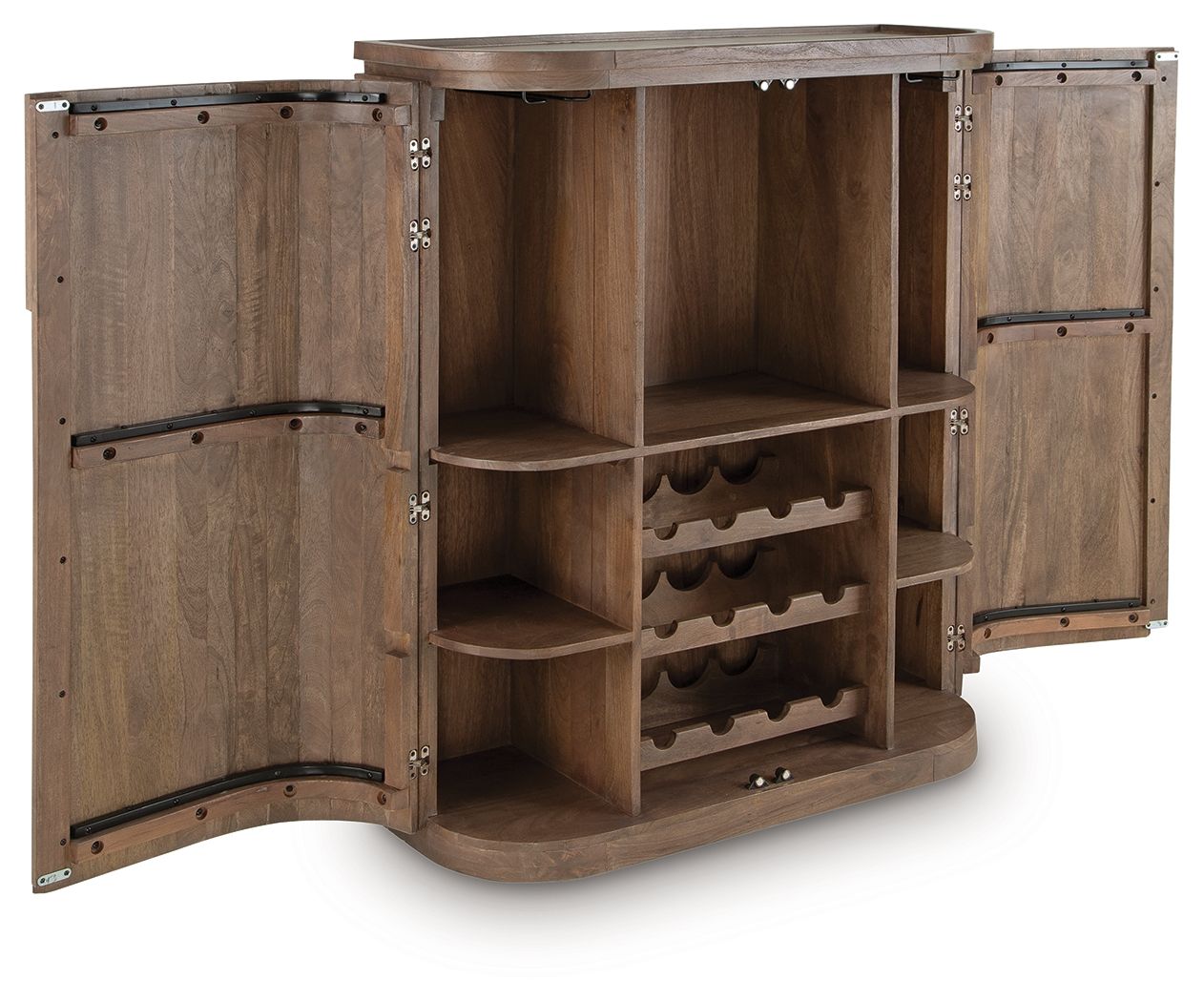 Medium brown bar cabinet with open doors, wine cubbies and shelves