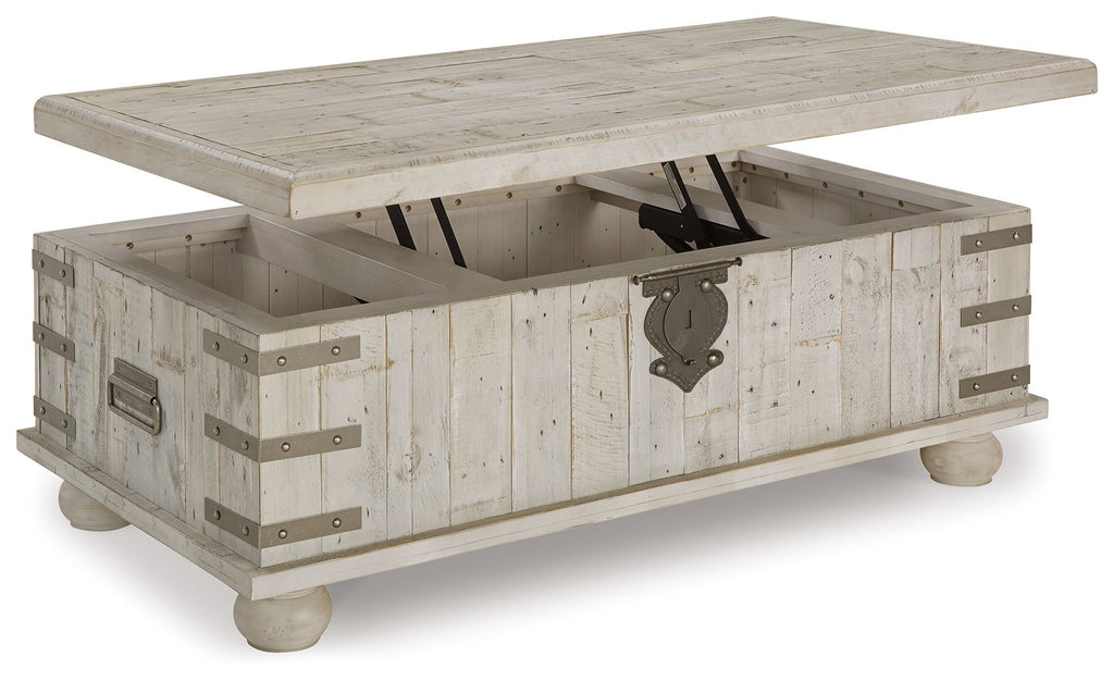 Whitewashed gray lift-top cocktail table with open storage compartment and metal hinges