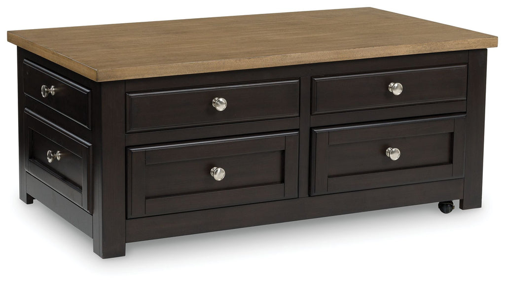 Brown lift-top cocktail table with six drawers and two shelves, metal knobs, dark base