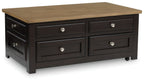 Brown lift-top cocktail table with six drawers and two shelves, metal knobs, dark base