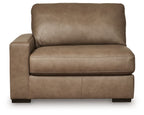 Veronella LAF corner chair, Sahara taupe upholstery with padded arm and front seam