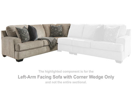 Stone gray left-arm sectional sofa with corner wedge, upholstered arms and cushions