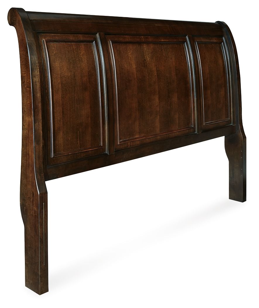 King/California King sleigh headboard in rustic brown wood with panel trim
