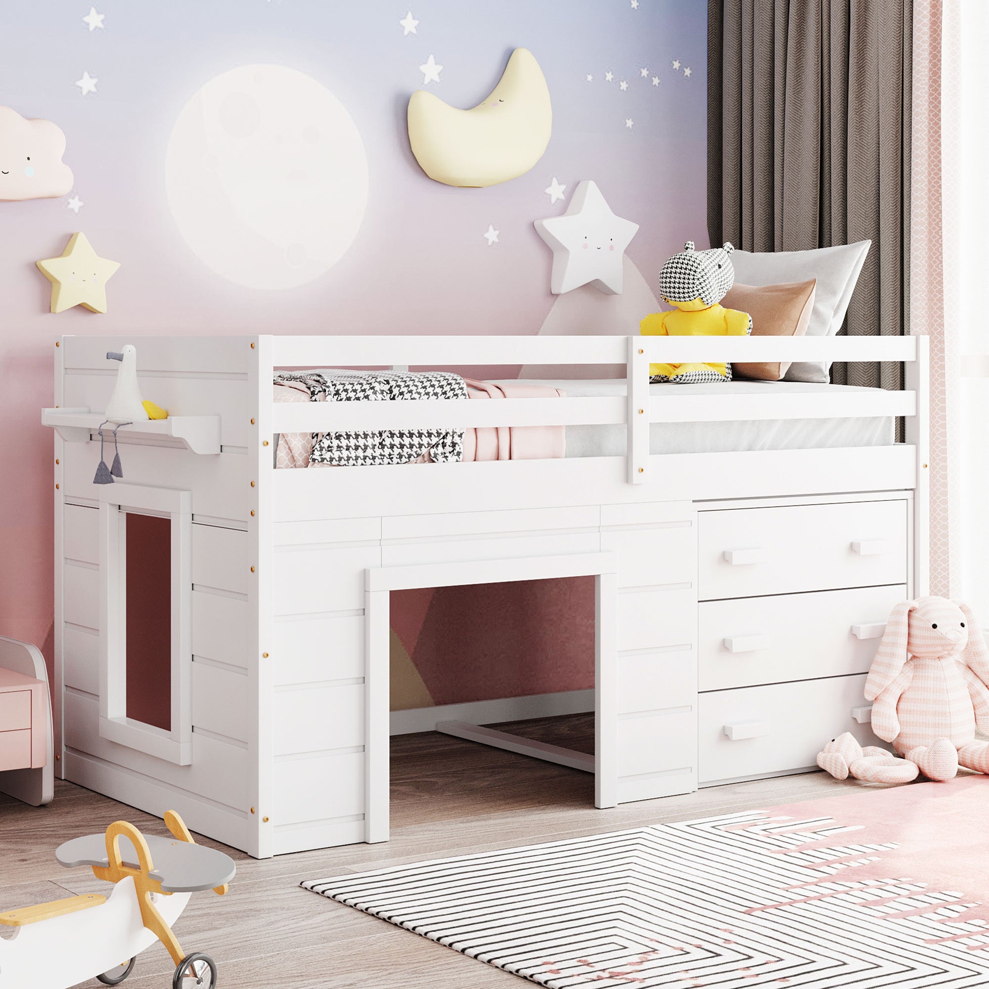 White Twin Loft Bed with Built-In Cabinet & Shelf Storage