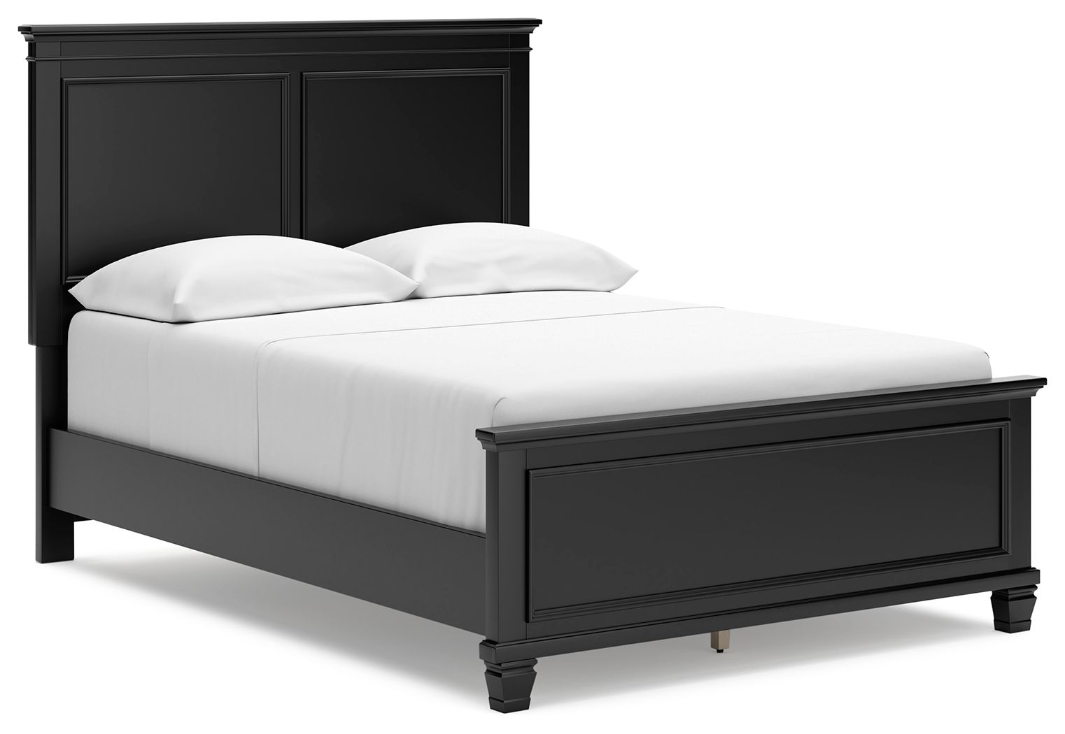 Black panel bed with smooth front and white mattress, paneled headboard