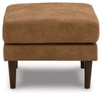 Caramel ottoman with rounded arms, stitched seam, and dark wooden legs