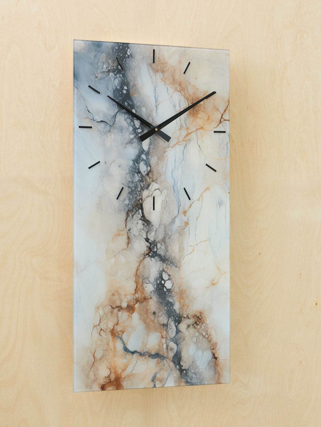Wall clock with black hands and white, blue, and tan marble texture