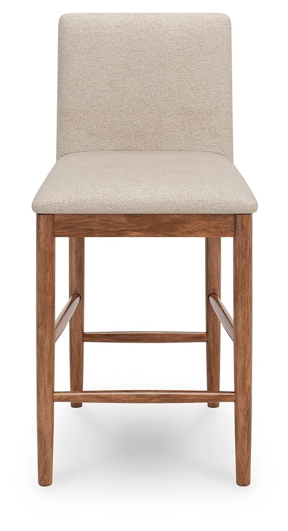 Upholstered barstool with beige cushioned seat, backrest, and light wood frame