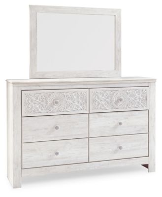 Whitewash dresser with matching mirror and ornate drawer pulls, six-drawer