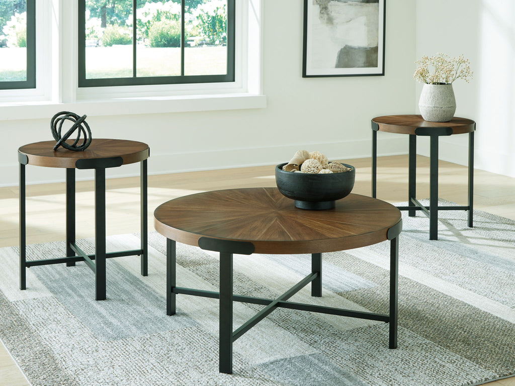 Set of 3 round occasional tables with brown tops and dark metal legs