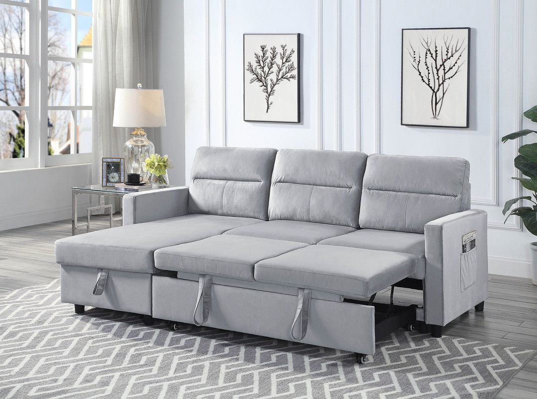 Ivy - Velvet Reversible Sleeper Sectional Sofa With Storage Chaise And Side Pocket