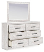 Whitewash dresser with open drawer and 6 drawers plus mirror, gray bar handles