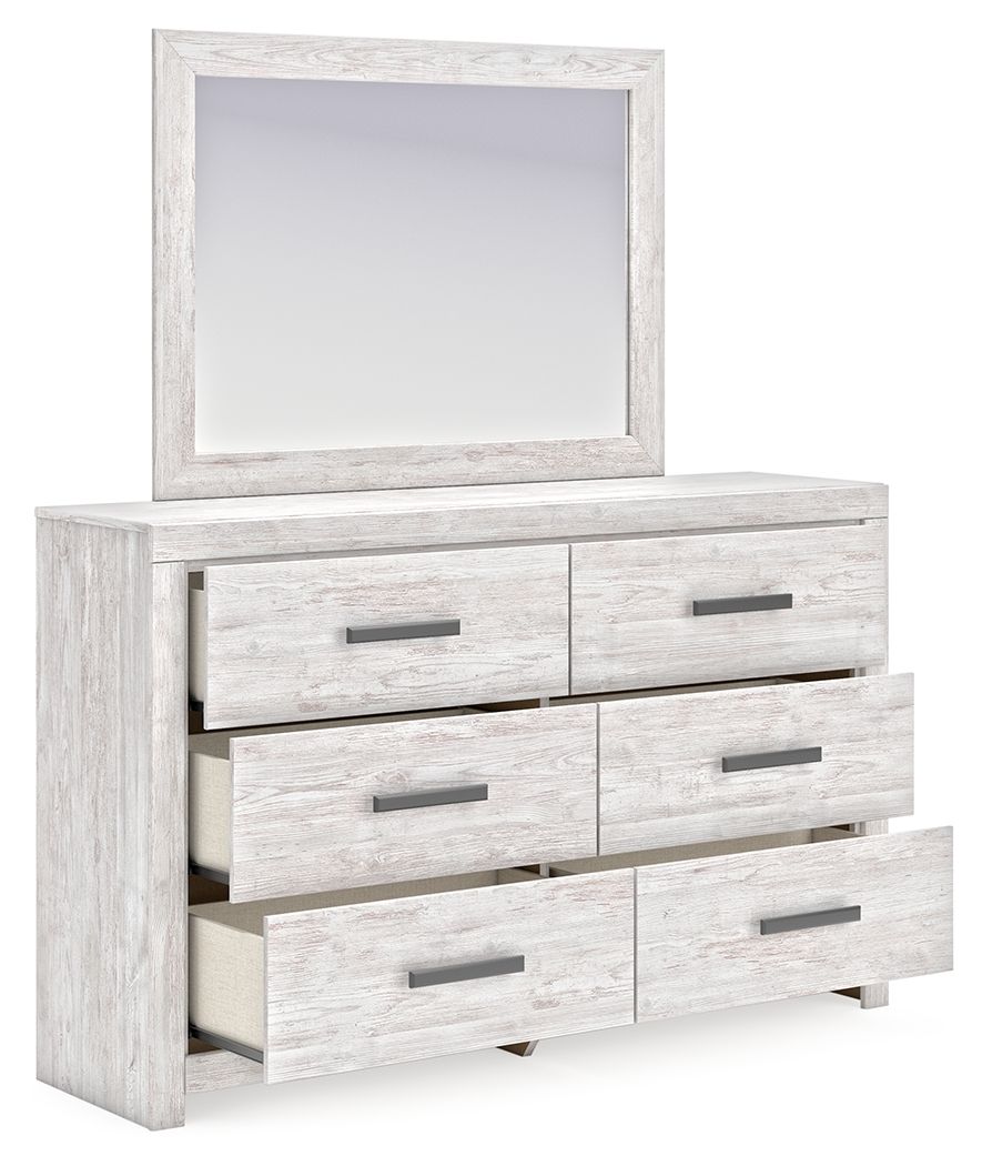 Whitewash dresser with open drawer and 6 drawers plus mirror, gray bar handles