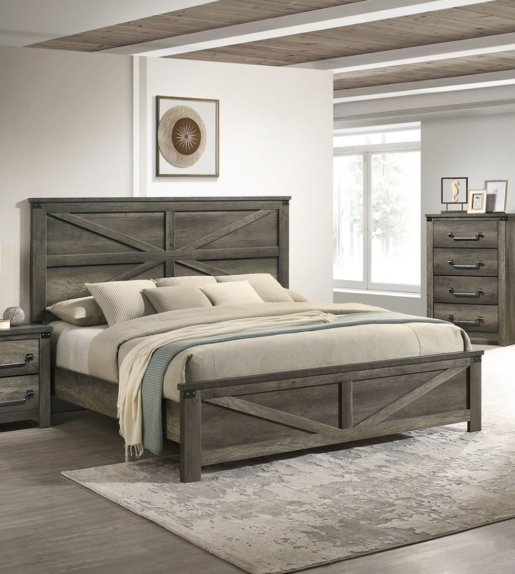 Rustic Gray Queen Bed: Wooden Headboard, Metal Accents