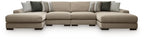 Light brown sectional sofa with chaise seats and striped accent cushions