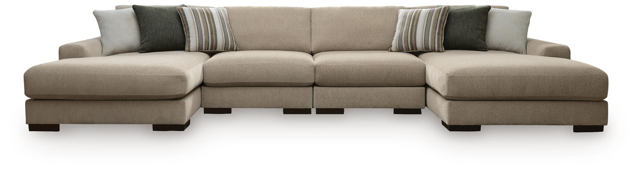 Light brown sectional sofa with chaise seats and striped accent cushions