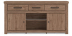 Light brown wood TV stand with 3 drawers and open center shelf, flat top.