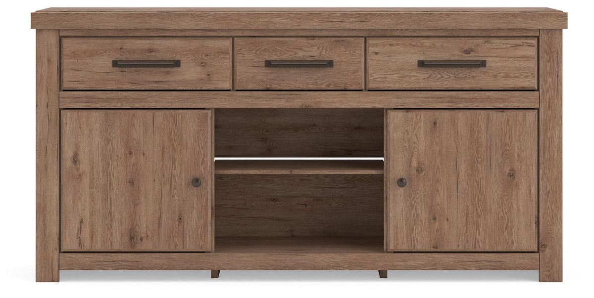 Light brown wood TV stand with 3 drawers and open center shelf, flat top.