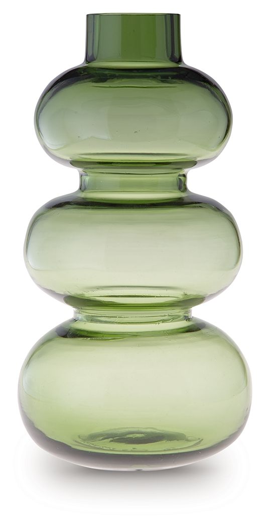 Green glass vase with wide shoulders and rounded stacked base sections.