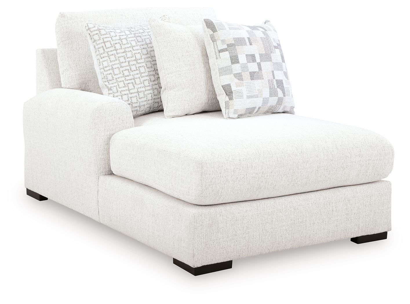 Chalk fabric corner chaise with thick seat, two back cushions, patterned square throw pillows
