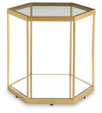 Gold-finish octagonal accent cocktail table with transparent panels and bottom shelf