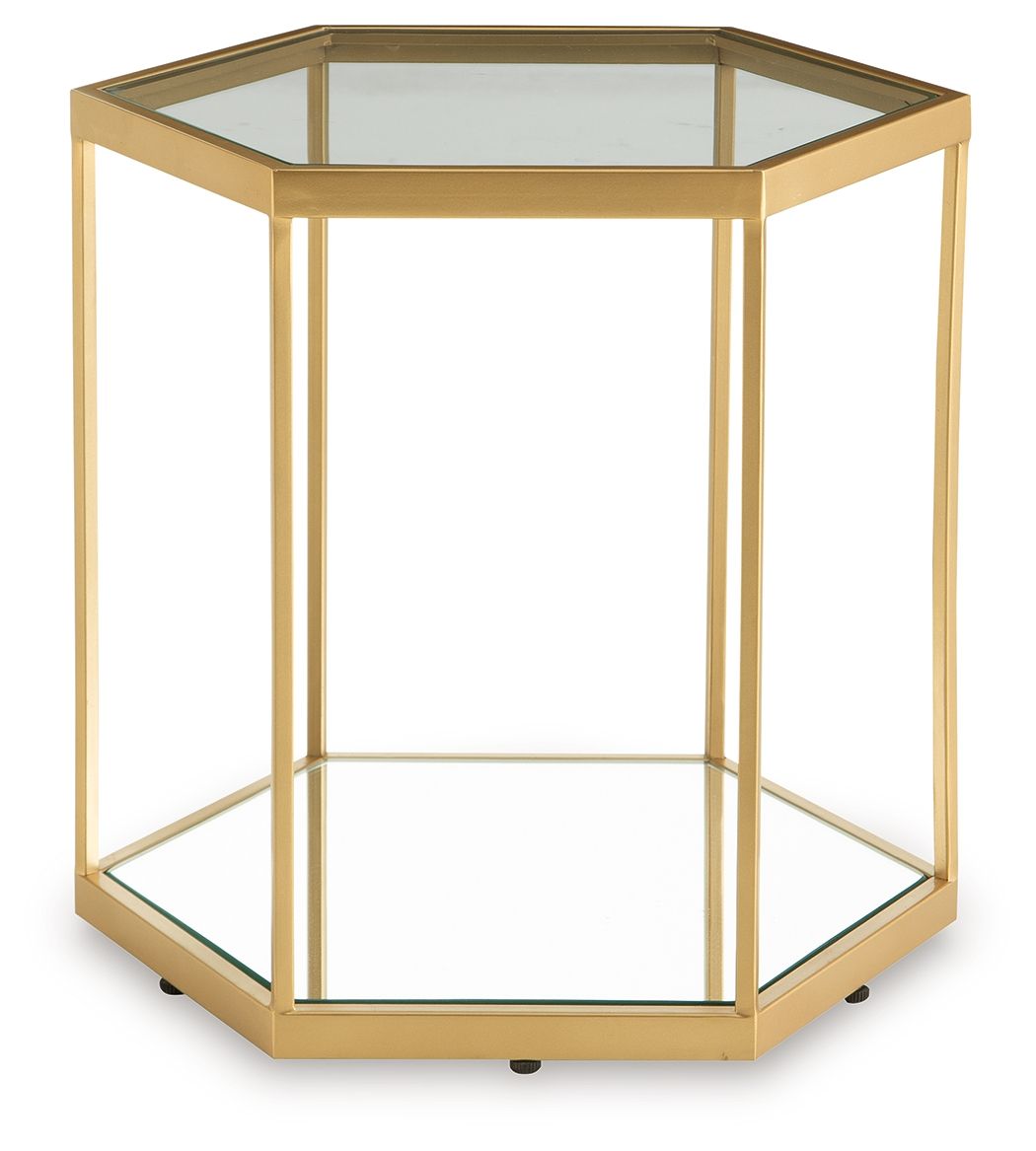 Gold-finish octagonal accent cocktail table with transparent panels and bottom shelf