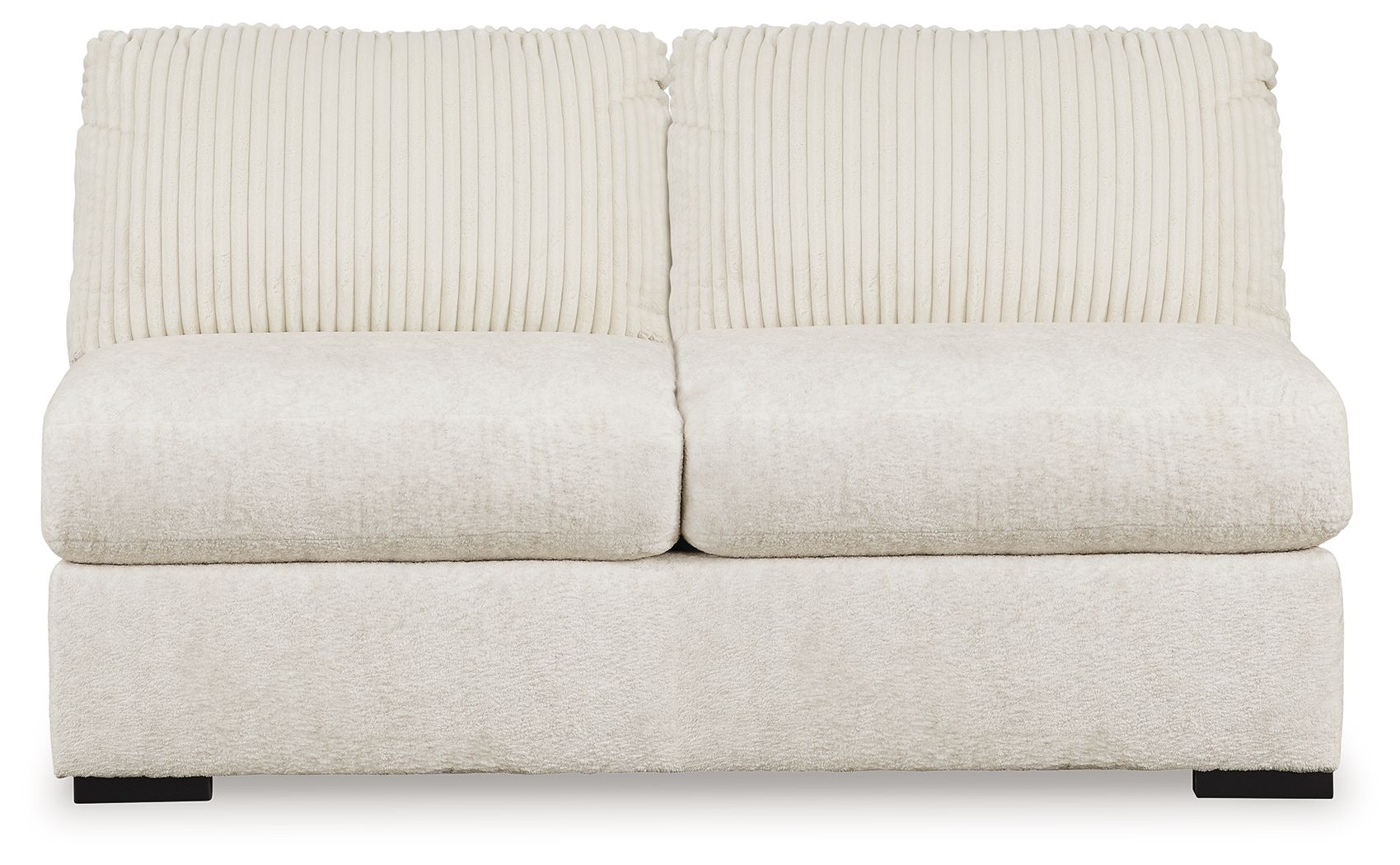 Ivory armless loveseat with two-seat back cushions and textured upholstery, black legs