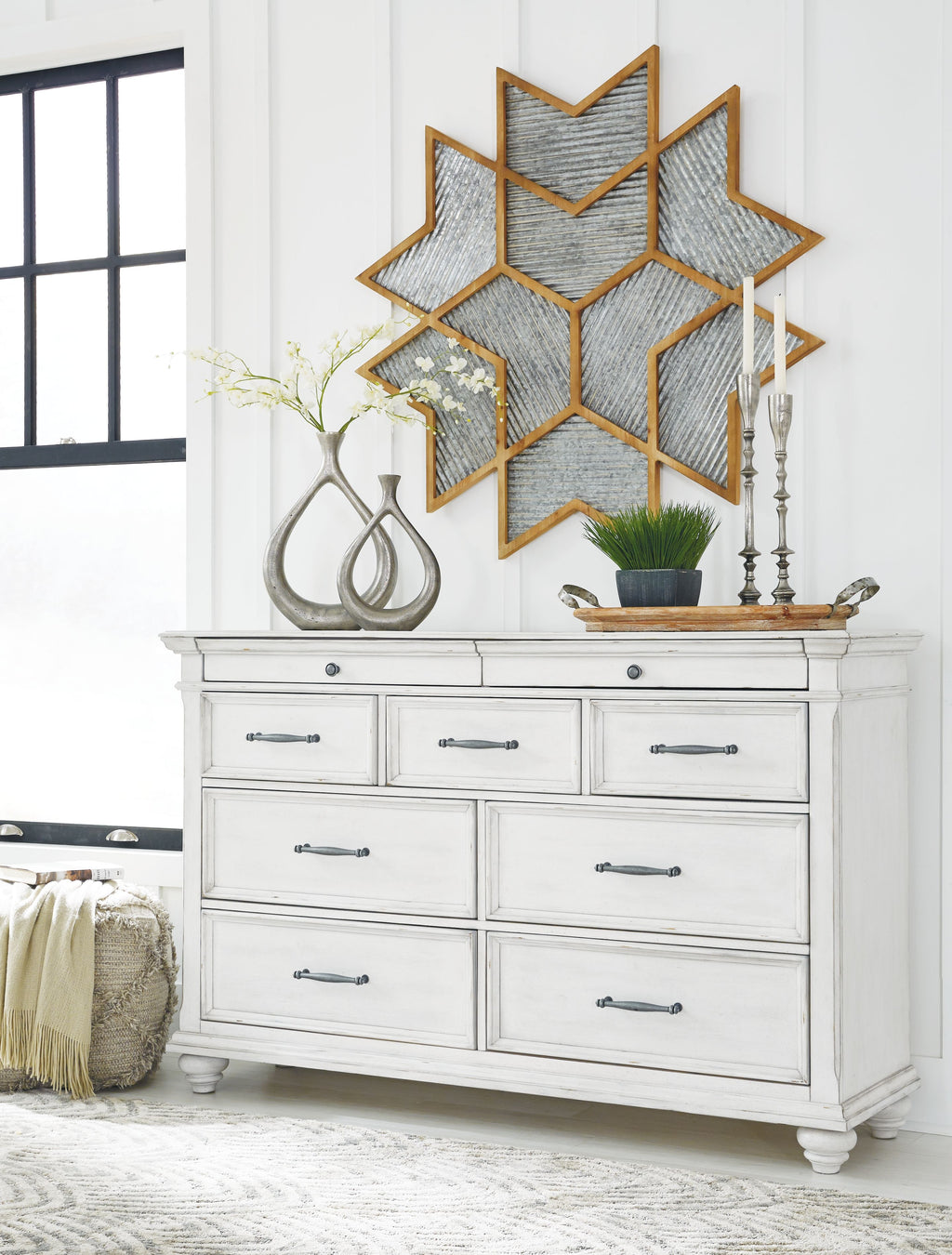 Whitewash dresser with arched mosaic mirror, metal bar drawer pulls, turned feet
