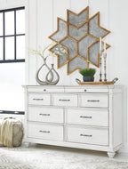 Whitewash dresser with arched mosaic mirror, metal bar drawer pulls, turned feet