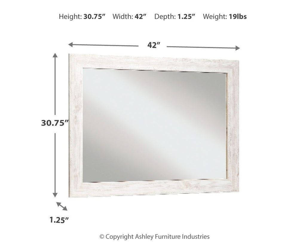 Rectangular bedroom accent mirror with whitewash wood frame and beveled edge