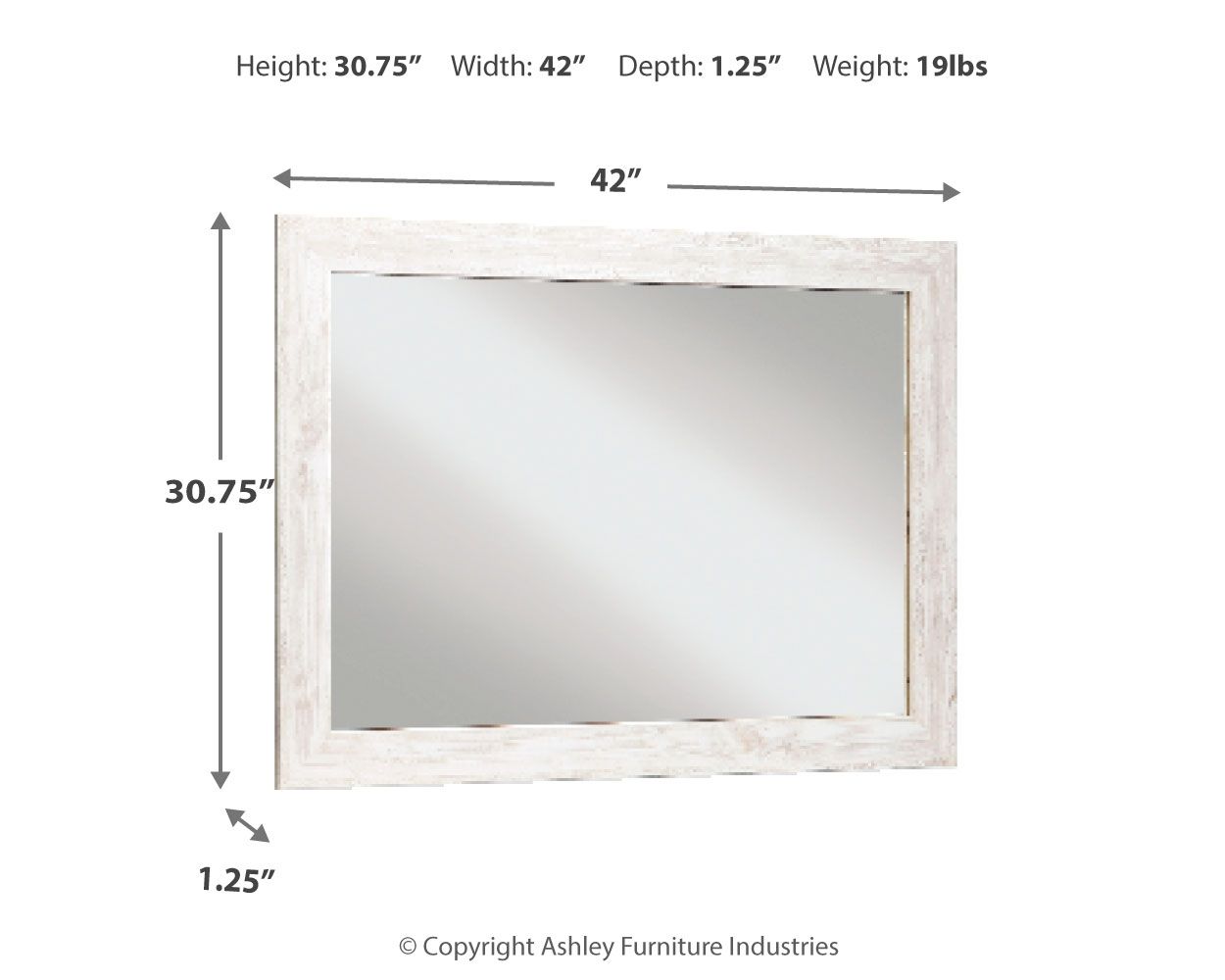 Rectangular bedroom accent mirror with whitewash wood frame and beveled edge