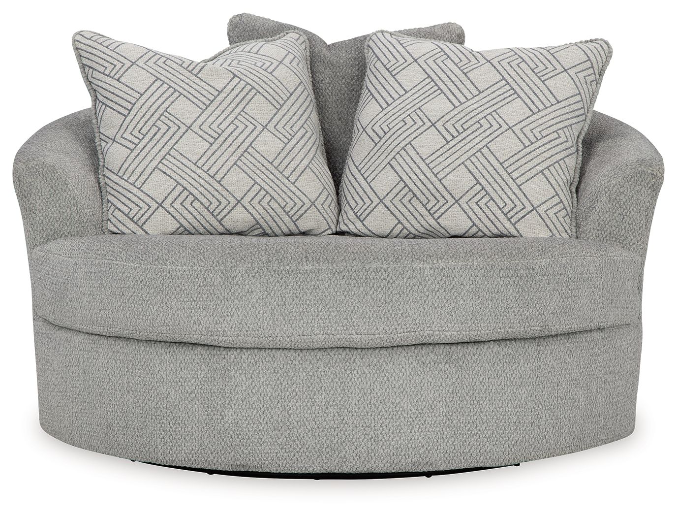 Oversized swivel accent chair in cement gray with two back cushions in geometric pattern
