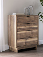 Brown four-drawer chest with tall side panels and four visible drawer fronts