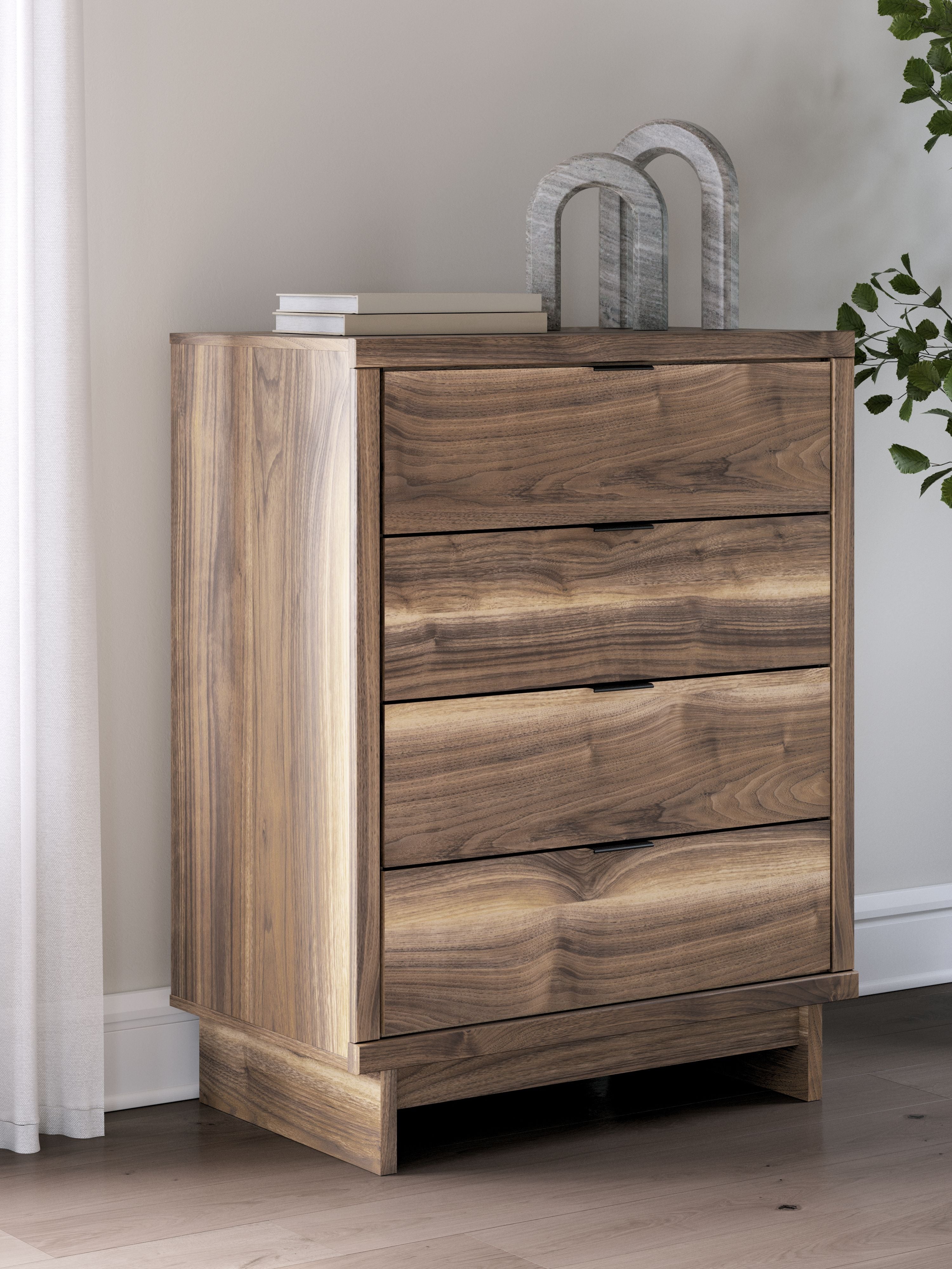 Brown four-drawer chest with tall side panels and four visible drawer fronts