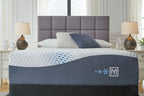 White plush mattress with dark gray side panels and logo, shown on a bed.