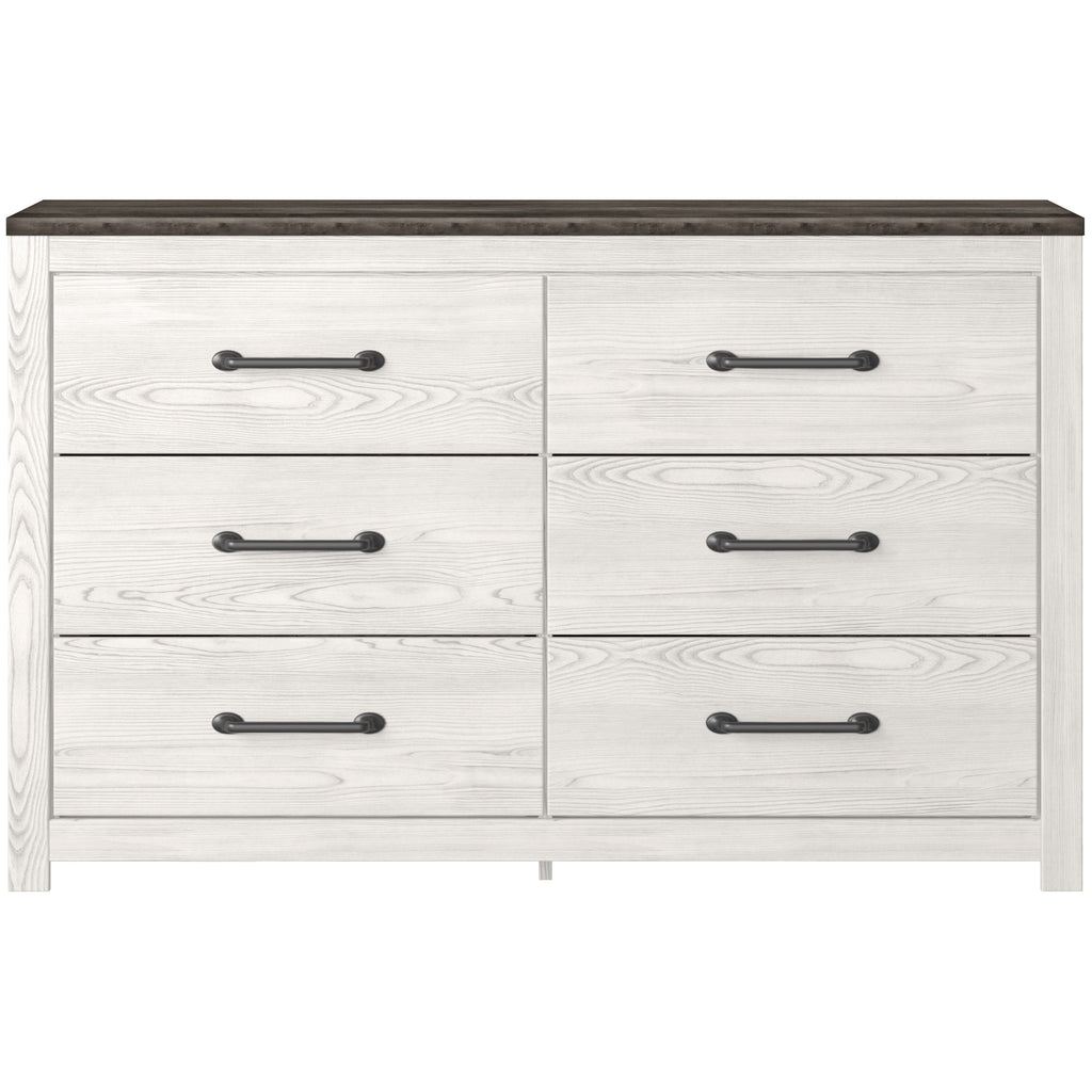 White panel dresser with four drawer fronts and dark bar pulls