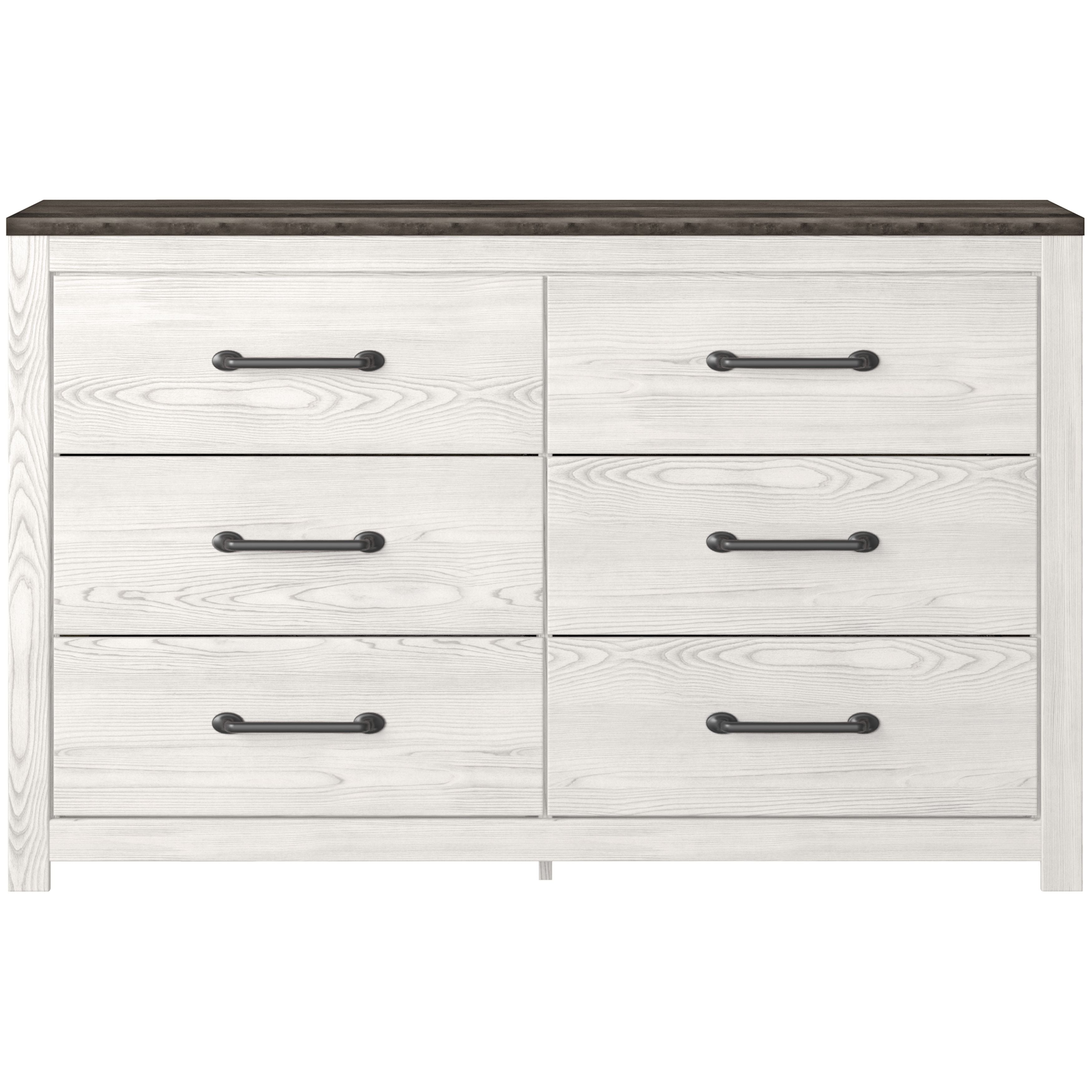 White panel dresser with four drawer fronts and dark bar pulls