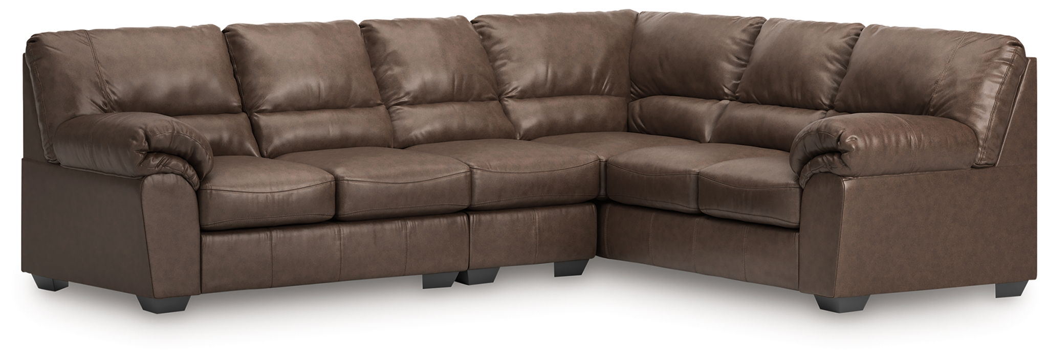 Sectional sofa with brown leather-look upholstery, deep seat cushions, and tufted back