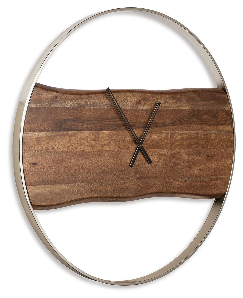 Brown wood-grain wall clock with oval silver frame and black hands